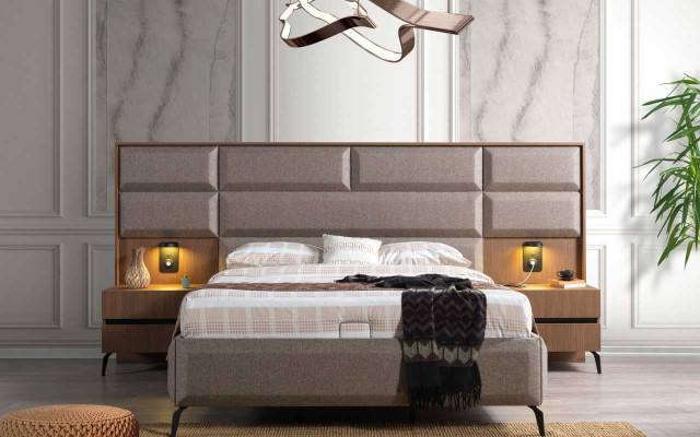 Grau-Braunes Doppelbett Exklusive Schlafzimmer Kommode Spiegel 5tlg Set