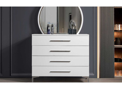 Viertürige Weiße Schlafzimmer Kommode Designer Glas Rundspiegel 2tlg Set