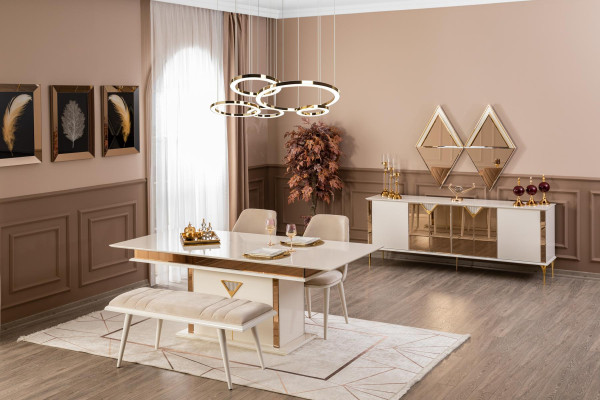 Tisch 4x Stühle Gruppe Esszimmer Garnitur 5tlg. Set Möbel Essgruppe Beige