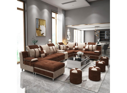 Sofa U-Form Braun Polsterstoff Zum Relaxen im Wohnzimmer Weichen Kissen