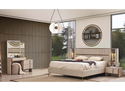 Moderne Schlafzimmer Möbel Beiges Doppelbett 2x Nachttische Schminktisch