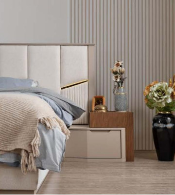 Große Beige Schlafzimmer Garnitur Doppelbett 2x Nachttische Schrank