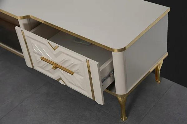 Wohnzimmer Sideboard weiß + gold Kamin Luxus RTV Lowboard Exclusive