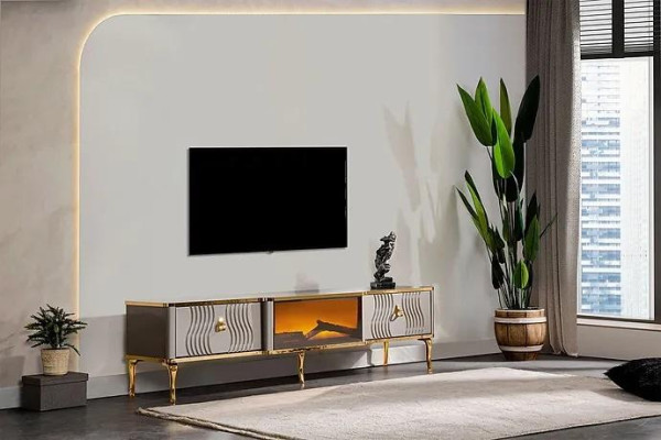 Weißes TV Sideboard goldene MDF Spanplatte + Metall Wohnzimmer TV Möbel