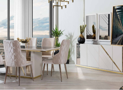 Beige Edelstahl Esszimmer Garnitur Designer Esstisch x6 Stühle Kommode