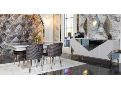 Luxuriöse Esszimmer Garnitur Designer Esstisch x4 Stühle Kommode Spiegel