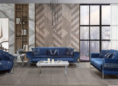 Wohnzimmer Blaue Couchgarnitur Designer Dreisitzer Sessel Couchtisch