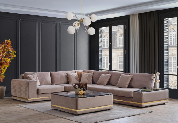 Beiges Wohnzimmer Set Stilvolle L-Form Wohnlandschaft Designer Hocker