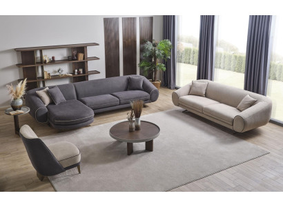 Modernes Wohnzimmer Set Graues Ecksofa L-Form 3-Sitzer Polster Sessel