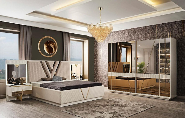 Schlafzimmer 4 tlg.Set Polster Bett 2x Nachttische Kleiderschrank Luxus