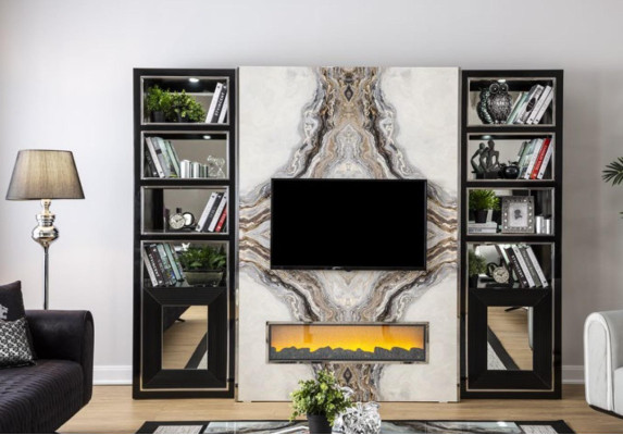 Luxus Wohnwand Wohnzimmer tv Schrank Wände Marmor Imitat Schwarz 270cm