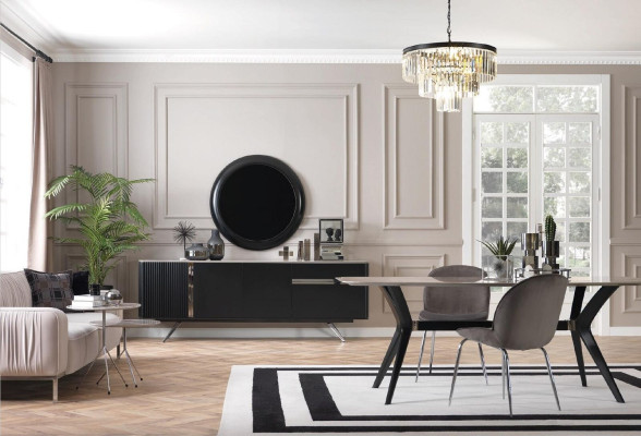 Wohnzimmer Anrichte Spiegel Sideboard Holz mit Metall Stil schwarze