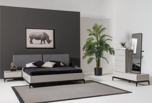 Modernes schwarz-weißes Schlafzimmer-Set (Bett, zwei Nachttische, Kommode mit Spiegel)