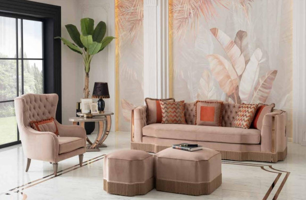 Luxus Wohnzimmer Schiker Sofa 4 Sitzer Sessel mit 2x Hocker Stilvolle Möbel