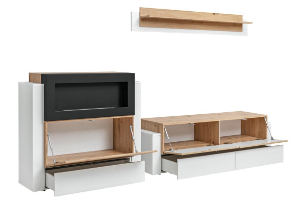 Designer Weiß Wohnwand Luxus Kommode mit Kamin Einrichtung Wohnzimmermöbel