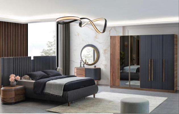 Schwarz-Beige Schlafzimmer Garnitur Designer Doppelbett 2x Nachttische