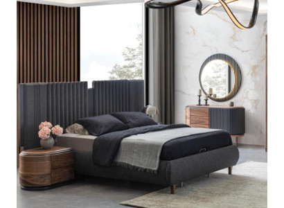 Moderne Graue Schlafzimmer Garnitur Textilbett Holz Nachttische Kommode