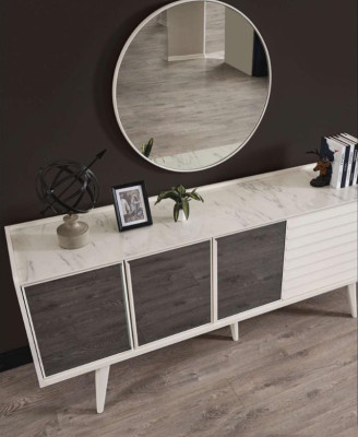 Weißes Sideboard Luxuriöser Rundspiegel Designer Holzmöbel 2tlg Set Neu