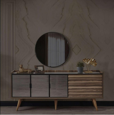 Braunes Esszimmer Set Stilvolles Sideboard Rundspiegel Holzmöbel 2tlg