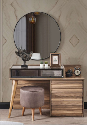 Brauner Holz Schminktisch mit Rundspiegel Designer Schlafzimmer 2tlg Set Konsole