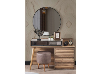 Brauner Holz Schminktisch mit Rundspiegel Designer Schlafzimmer 2tlg Set Konsole