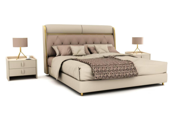 Stilvolles Beiges Schlafzimmer Bett Doppelbett Textilbetten LED-Bett