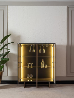 Barschrank Gruppe Vitrine Sessel Holz Beige Schrank Wohnzimmer 2tlg