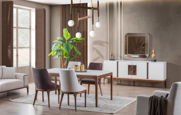 Luxus Esszimmer Set Esstisch 4x Stühle Anrichte Spiegel 7 tlg Modern