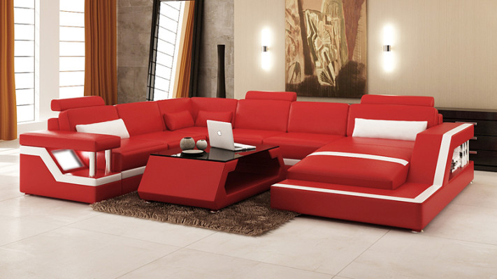 Design Leder Wohnlandschaft Eck Sofa Moderne Garnitur Couch Ecke Rot USB + LED