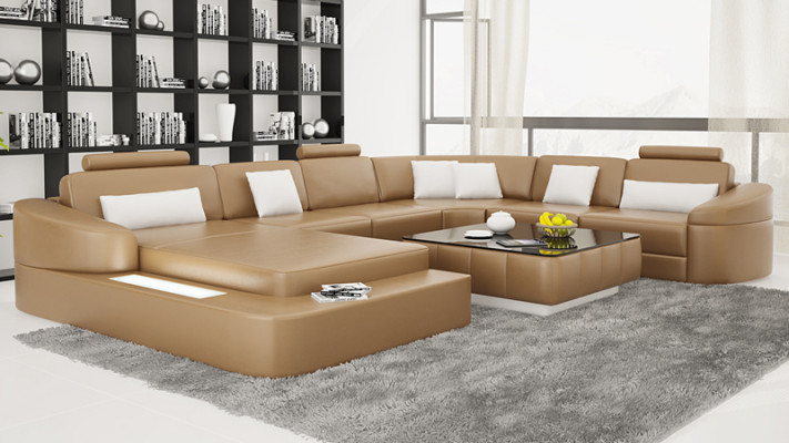 Luxus Ledersofa Polster Moderne Sitz Garnitur Eckcouch Wohnlandschaft LED USB