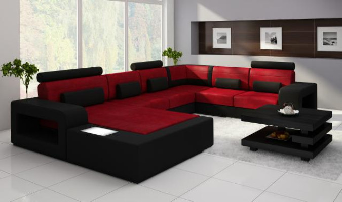 Sofa mit USB Stoff Textil Leder Sofa mit Beleuchtung Wohnlandschaft Maßfertigung
