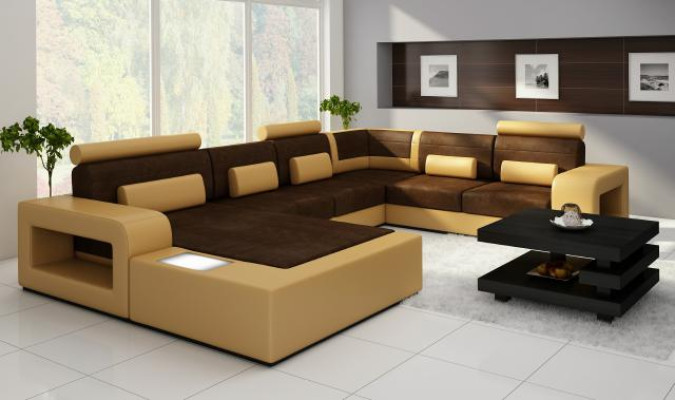 Sofa Sofagarnitur Stoff Textil Leder Sofa mit Beleuchtung Wohnlandschaft Couch !
