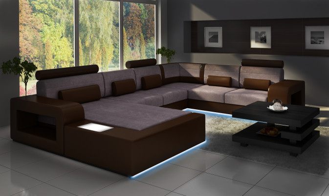 Sofa Sofagarnitur Stoff Textil Leder Sofa mit Beleuchtung Wohnlandschaft Couch !