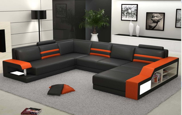 Designersofa Ecksofa Couch Ledersofa Polster Sitz Eck Garnitur mit Licht PHX1