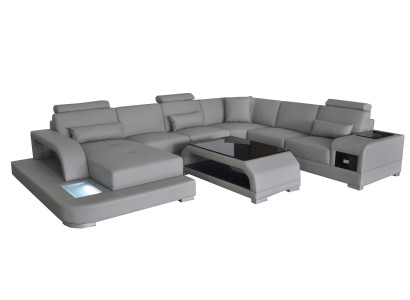 Eck Sofa mit USB Polster Couch Sitz Grau Leder Garnitur Moderne Wohnlandschaft