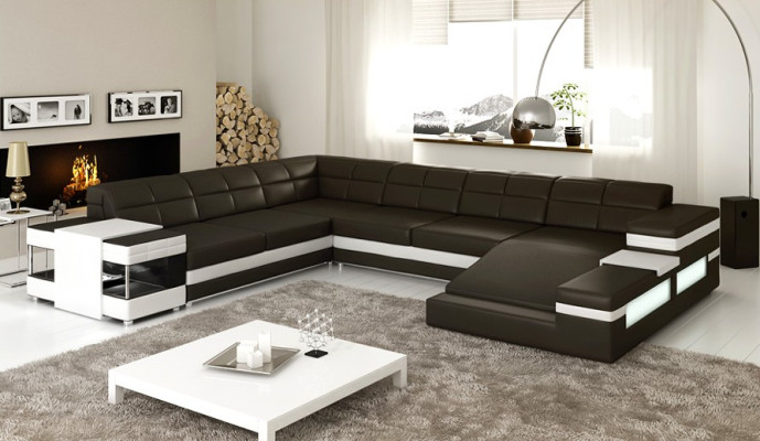 Ledersofa LED USB Sofa Couch Polster Ecke Wohnlandschaft Ecksofa Design Leder