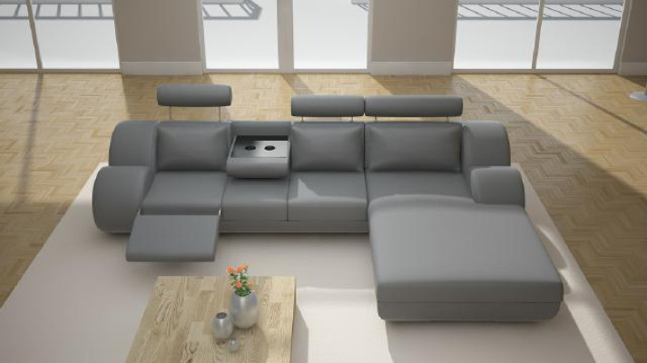 Designer Garnitur Wohnlandschaft Eckcouch Sofa USB Polster Ledersofa Sofas Grau