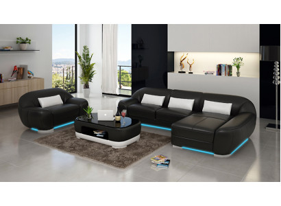 Ledersofa Couch Wohnlandschaft Ecksofa + Sessel Eck Garnitur Design