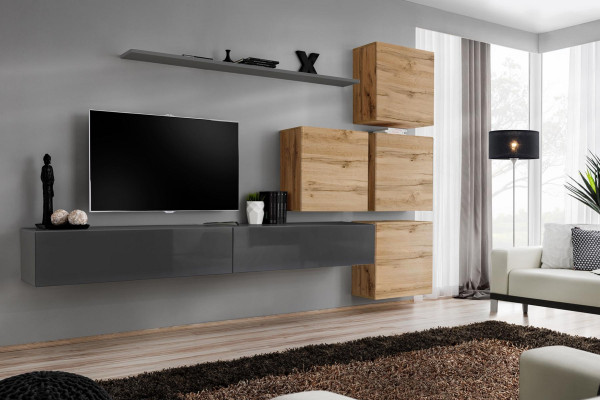 Grau TV Ständer Wandregal Luxus Wohnwand Einrichtung Modern Komplett Sideboard