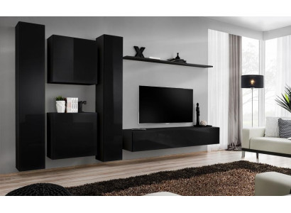 Schwarz Wohnwand TV Ständer Luxus Wohnzimmer Möbel Komplette Set 6 tlg Moderne