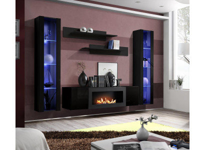 Komplett Set 5tlg Luxus Wohnwand Schwarz Designer Hänge Vitrine Holz Möbel