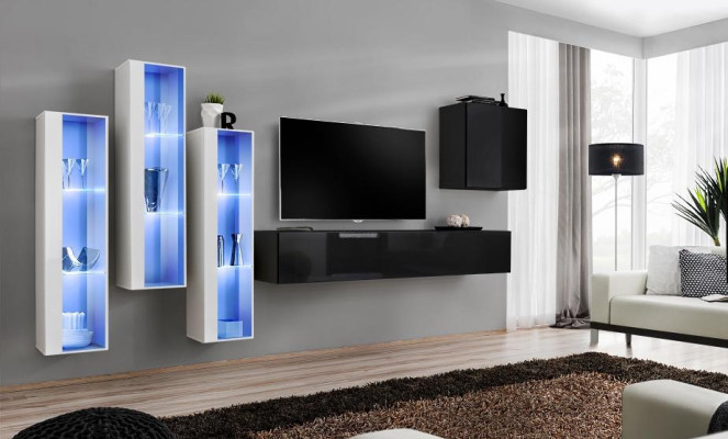 Schwarz TV Ständer Wohnwand Set 5tlg Wandschrank Holzmöbel Designer Neu