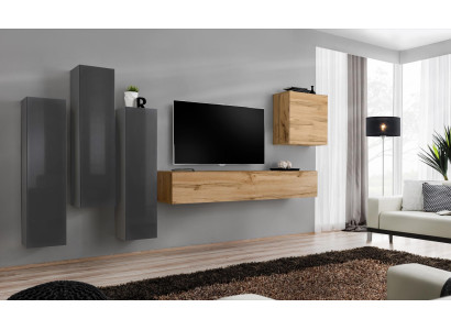 Modern Wohnwände Set 5tlg Wohnzimmer Grau Holz Möbel Schrank TV-Ständer Neu