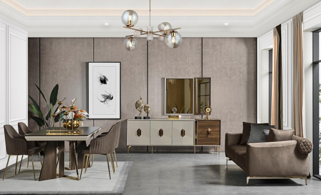 Luxuriöses Esszimmer Set Stilvoler Esstisch 6x Stühle Sideboard Spiegel