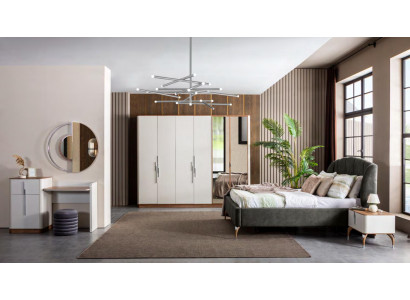 Modern Schlafzimmer Set Bett 2x Nachttische Schminktisch mit Spiegel Schrank Neu