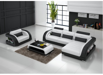 Ledersofa Couch Wohnlandschaft Ecksofa + Sessel Neu Garnitur Design Sofa mit USB