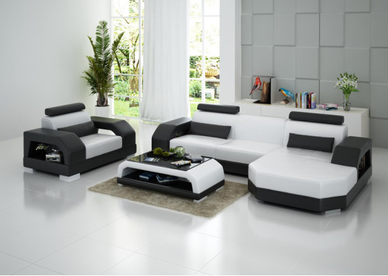 Ledersofa Couch Wohnlandschaft Ecksofa + Sessel Garnitur Design Modern LED USB