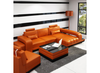 Ledersofa Couch Wohnlandschaft Ecksofa Eck Garnitur Design Sofa USB Orange Neu
