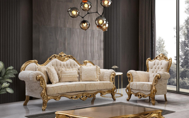 Chesterfield-Sofa und Sessel in Beige in hochwertigem Luxusdesign