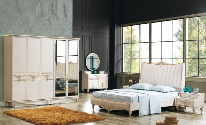 Luxus Schlafzimmer Set Bett + 2x Nachttische+Schrank+Kommode Komplettes Modern